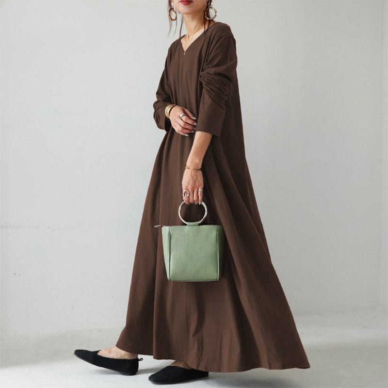 Elegant V - Neck Long Sleeve Maxi Dress | Loose Fit Cotton Blend Dress with Hidden Pockets(MA314) - Mariam's Collection
