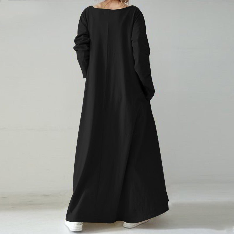 Elegant V - Neck Long Sleeve Maxi Dress | Loose Fit Cotton Blend Dress with Hidden Pockets(MA314) - Mariam's Collection