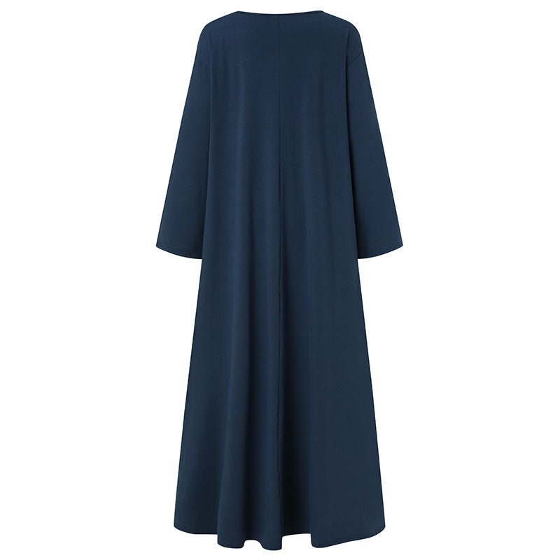 Elegant V - Neck Long Sleeve Maxi Dress | Loose Fit Cotton Blend Dress with Hidden Pockets(MA314) - Mariam's Collection