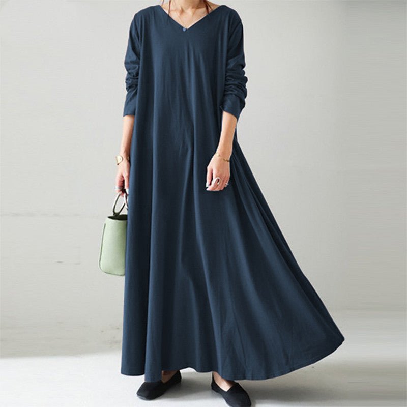 Elegant V - Neck Long Sleeve Maxi Dress | Loose Fit Cotton Blend Dress with Hidden Pockets(MA314) - Mariam's Collection
