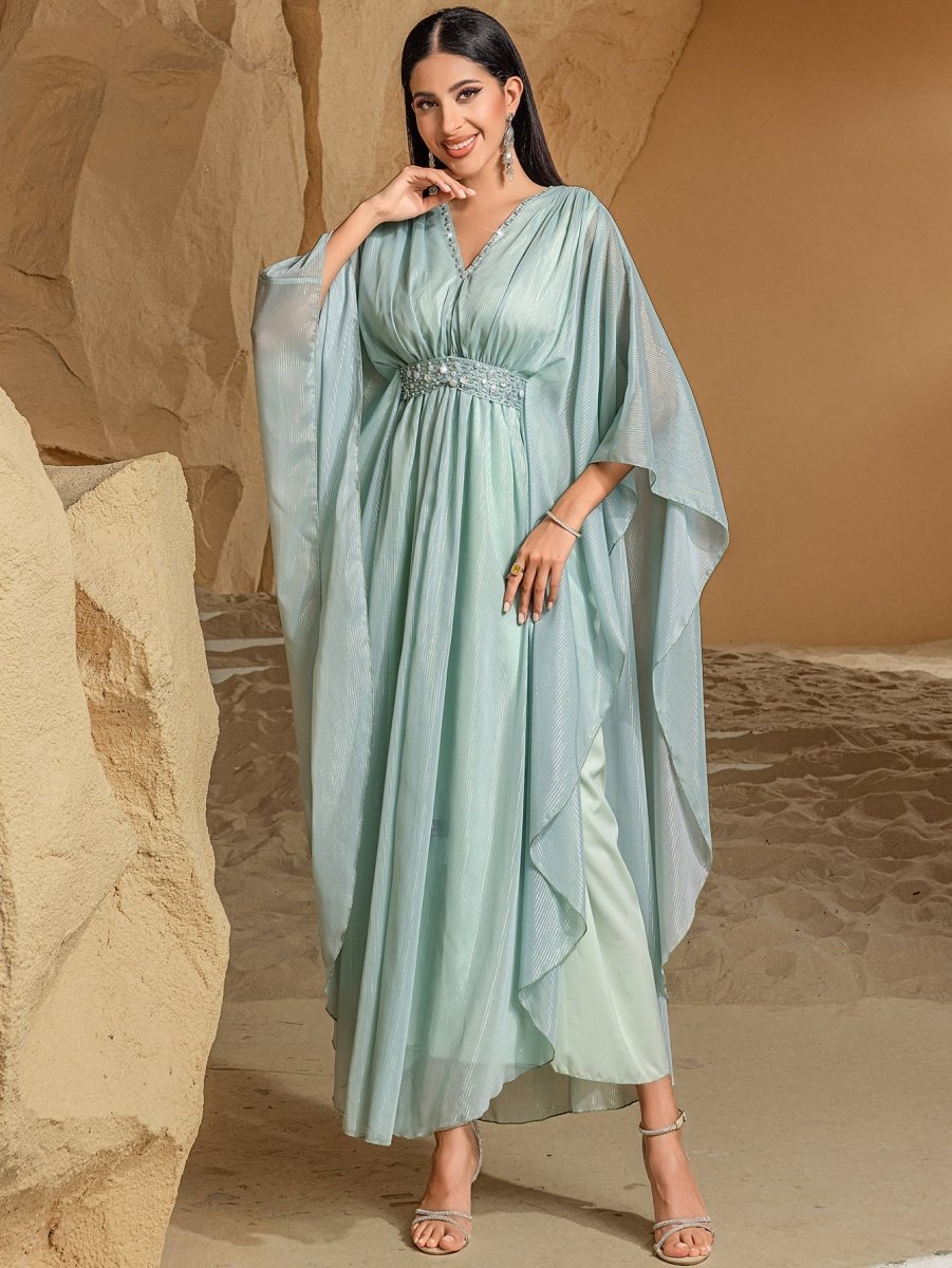 Elegant V - Neck Luxury Hand - Sewn Bead Embellished Travel & Party Abaya Robe Dress. (MA188) - Mariam's Collection