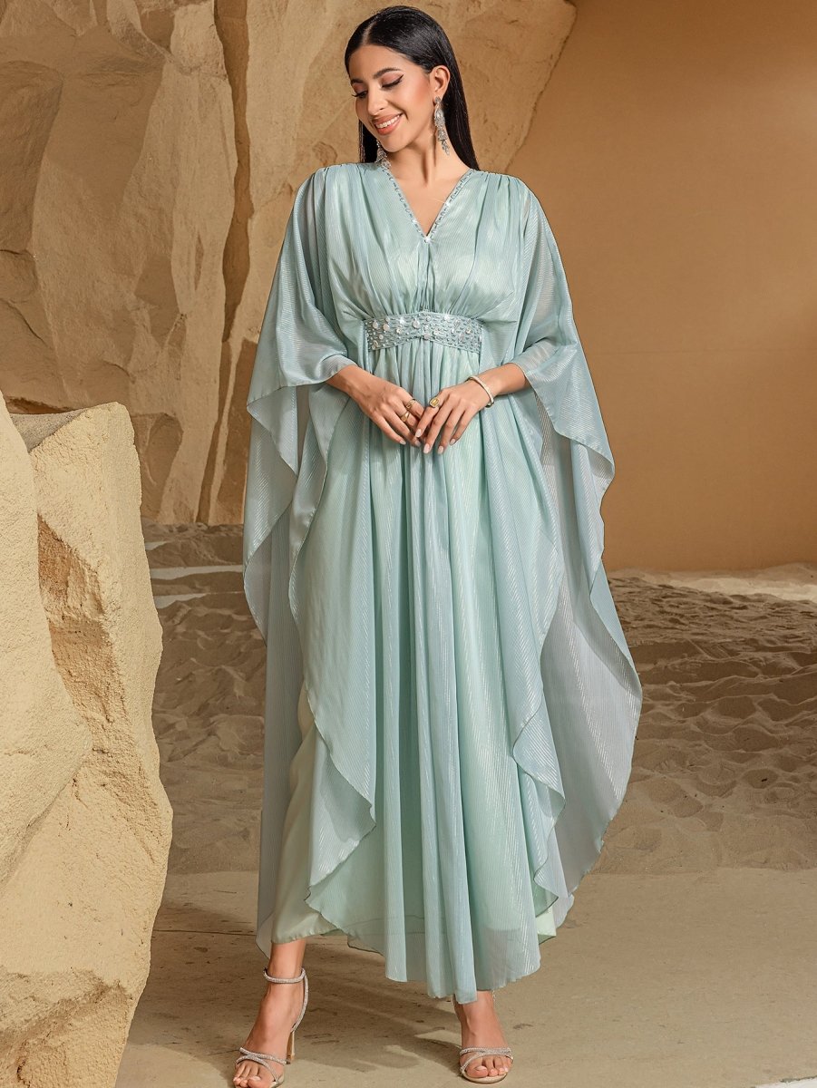 Elegant V - Neck Luxury Hand - Sewn Bead Embellished Travel & Party Abaya Robe Dress. (MA188) - Mariam's Collection