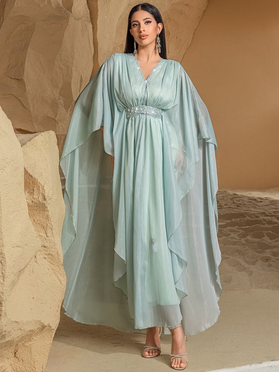 Elegant V - Neck Luxury Hand - Sewn Bead Embellished Travel & Party Abaya Robe Dress. (MA188) - Mariam's Collection