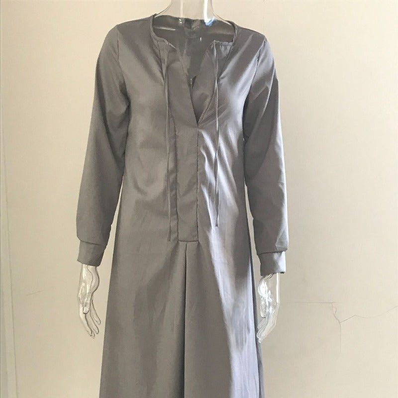 Elegant V - Neck Maxi Dress with Drawstring Design | Contemporary Modest Wear (MS121) - Mariam's Collection