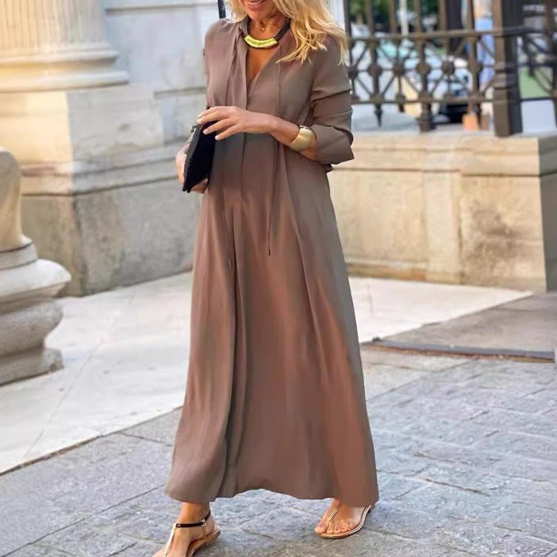 Elegant V - Neck Maxi Dress with Drawstring Design | Contemporary Modest Wear (MS121) - Mariam's Collection