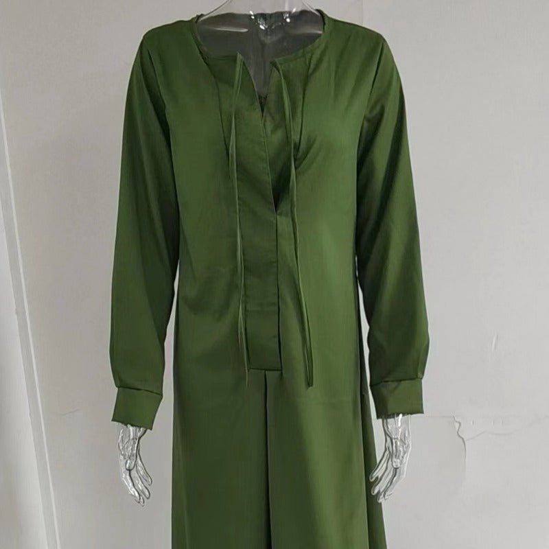 Elegant V - Neck Maxi Dress with Drawstring Design | Contemporary Modest Wear (MS121) - Mariam's Collection