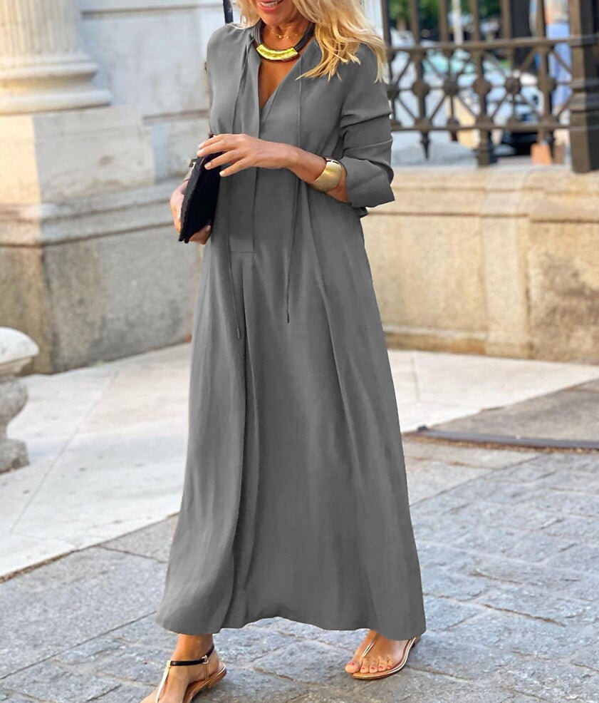 Elegant V - Neck Maxi Dress with Drawstring Design | Contemporary Modest Wear (MS121) - Mariam's Collection