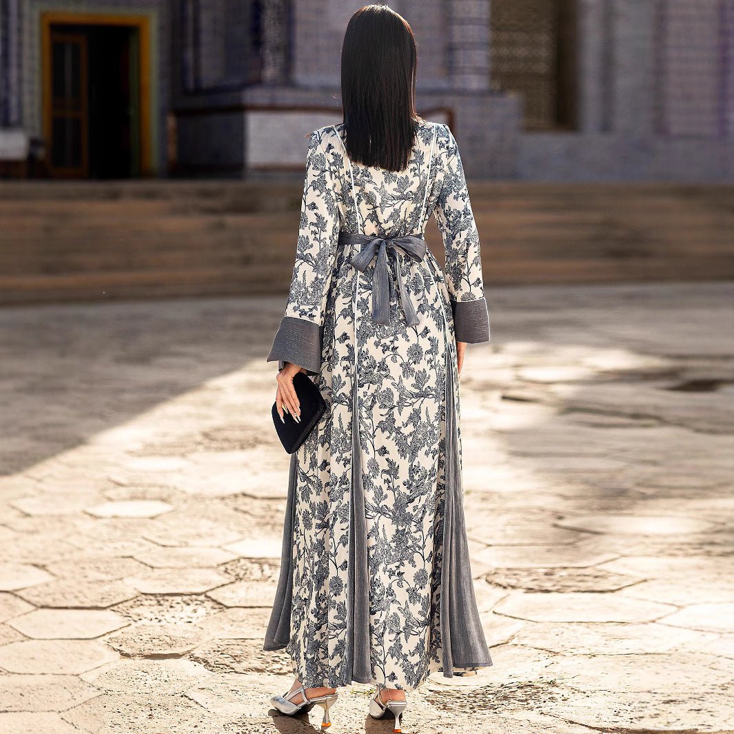 Elegant V - Neck Satin Floral Hand - Stitched Pearl & Crystal Bead Long Sleeve Maxi Dress with Gray Abaya Dress. (MA192) - Mariam's Collection