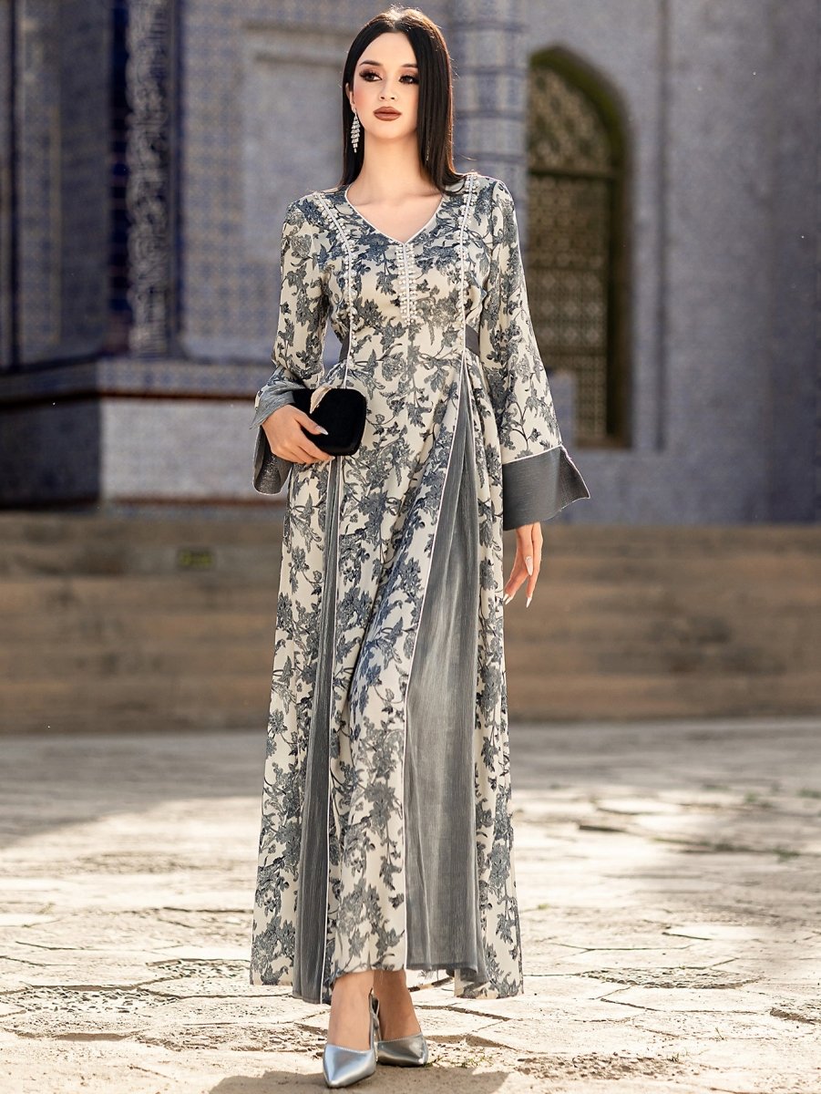 Elegant V - Neck Satin Floral Hand - Stitched Pearl & Crystal Bead Long Sleeve Maxi Dress with Gray Abaya Dress. (MA192) - Mariam's Collection