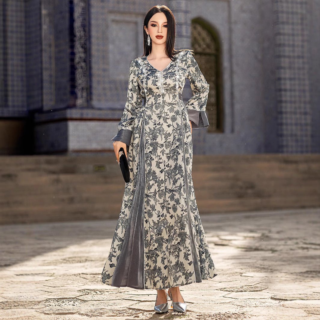 Elegant V - Neck Satin Floral Hand - Stitched Pearl & Crystal Bead Long Sleeve Maxi Dress with Gray Abaya Dress. (MA192) - Mariam's Collection