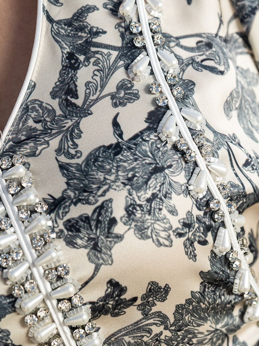 Elegant V - Neck Satin Floral Hand - Stitched Pearl & Crystal Bead Long Sleeve Maxi Dress with Gray Abaya Dress. (MA192) - Mariam's Collection