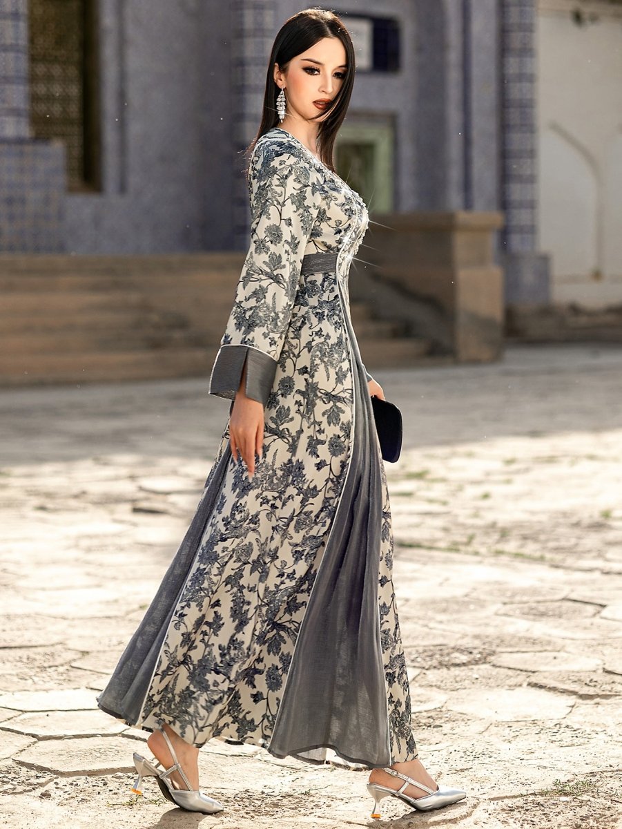Elegant V - Neck Satin Floral Hand - Stitched Pearl & Crystal Bead Long Sleeve Maxi Dress with Gray Abaya Dress. (MA192) - Mariam's Collection