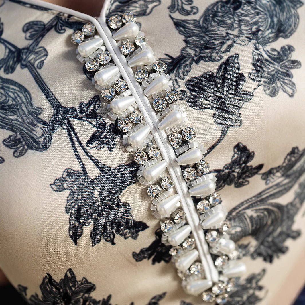 Elegant V - Neck Satin Floral Hand - Stitched Pearl & Crystal Bead Long Sleeve Maxi Dress with Gray Abaya Dress. (MA192) - Mariam's Collection