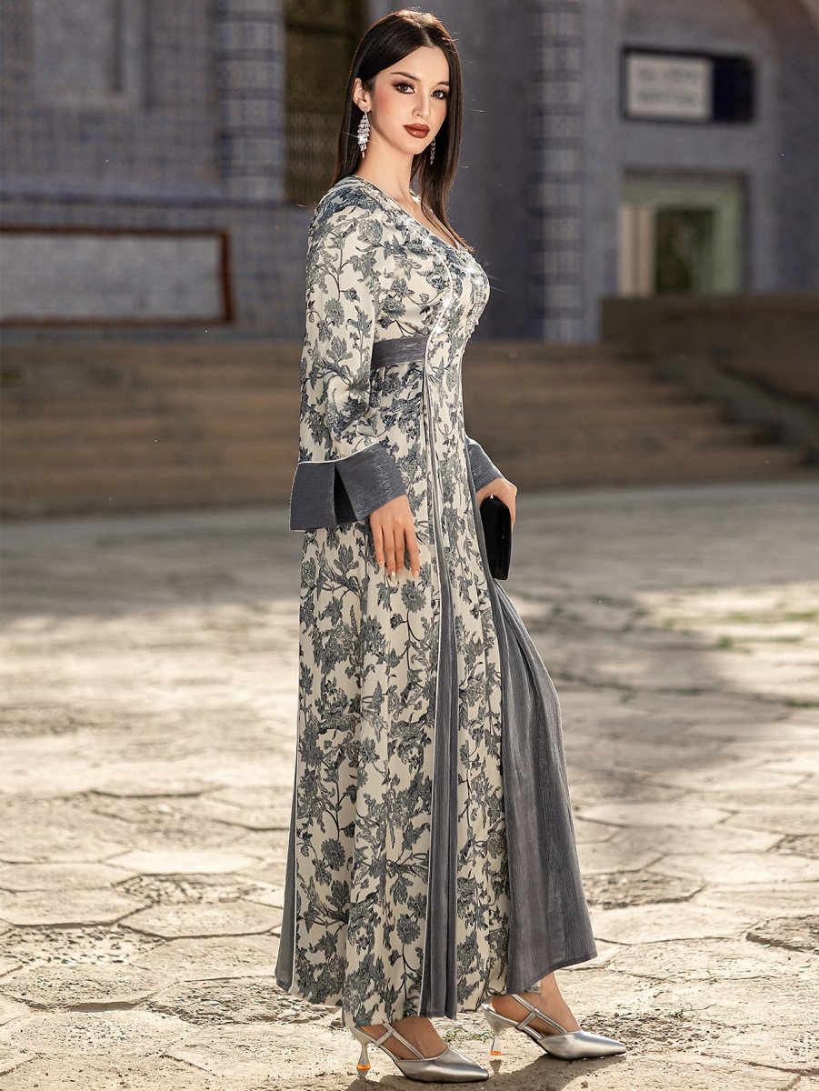 Elegant V - Neck Satin Floral Hand - Stitched Pearl & Crystal Bead Long Sleeve Maxi Dress with Gray Abaya Dress. (MA192) - Mariam's Collection