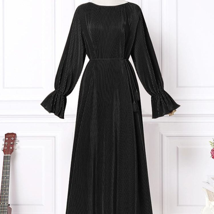 Elegant Vintage Solid Color Maxi Dress | Cinched Waist Long Robe(MA323) - Mariam's Collection