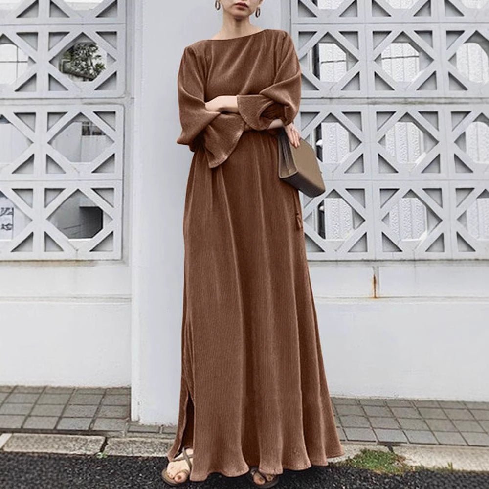 Elegant Vintage Solid Color Maxi Dress | Cinched Waist Long Robe(MA323), brown / S Elegant Vintage Solid Color Maxi Dress | Cinched Waist Long Robe(MA323), brown / S
