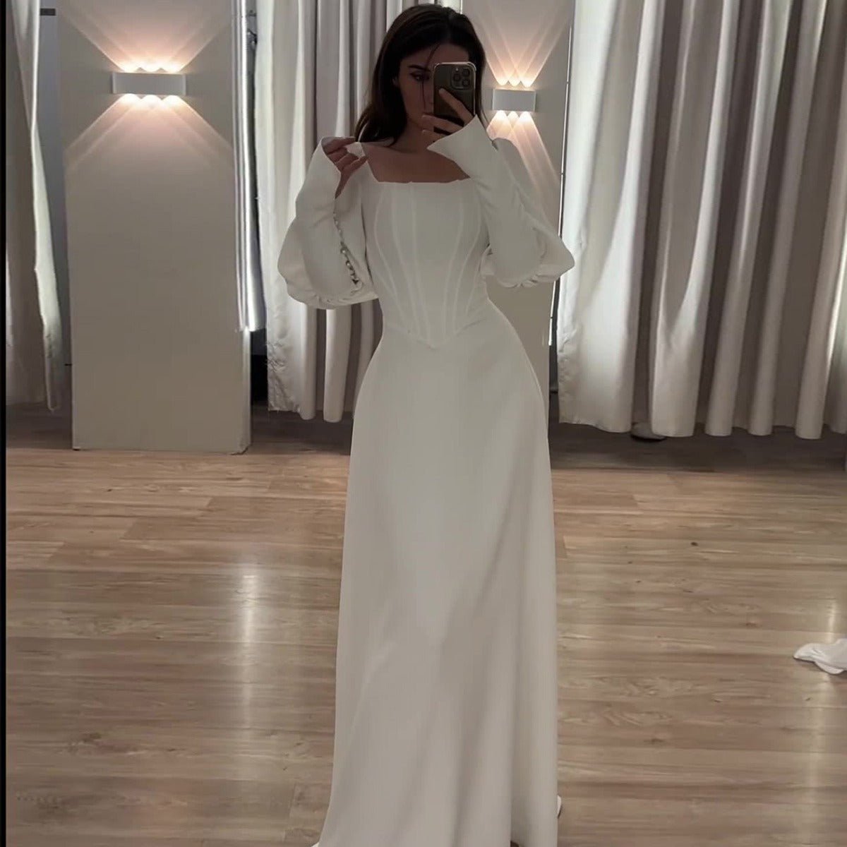 Elegant White Square Neck Long Sleeve Bubble Sleeve Modest Dress Abaya . (MA228) - Mariam's Collection