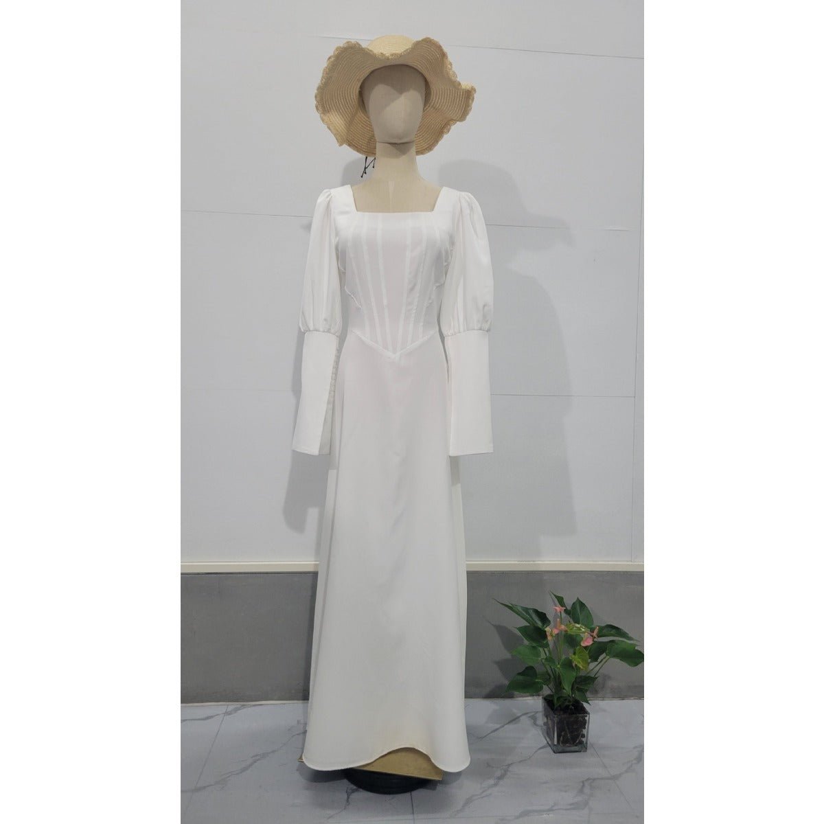 Elegant White Square Neck Long Sleeve Bubble Sleeve Modest Dress Abaya . (MA228) - Mariam's Collection