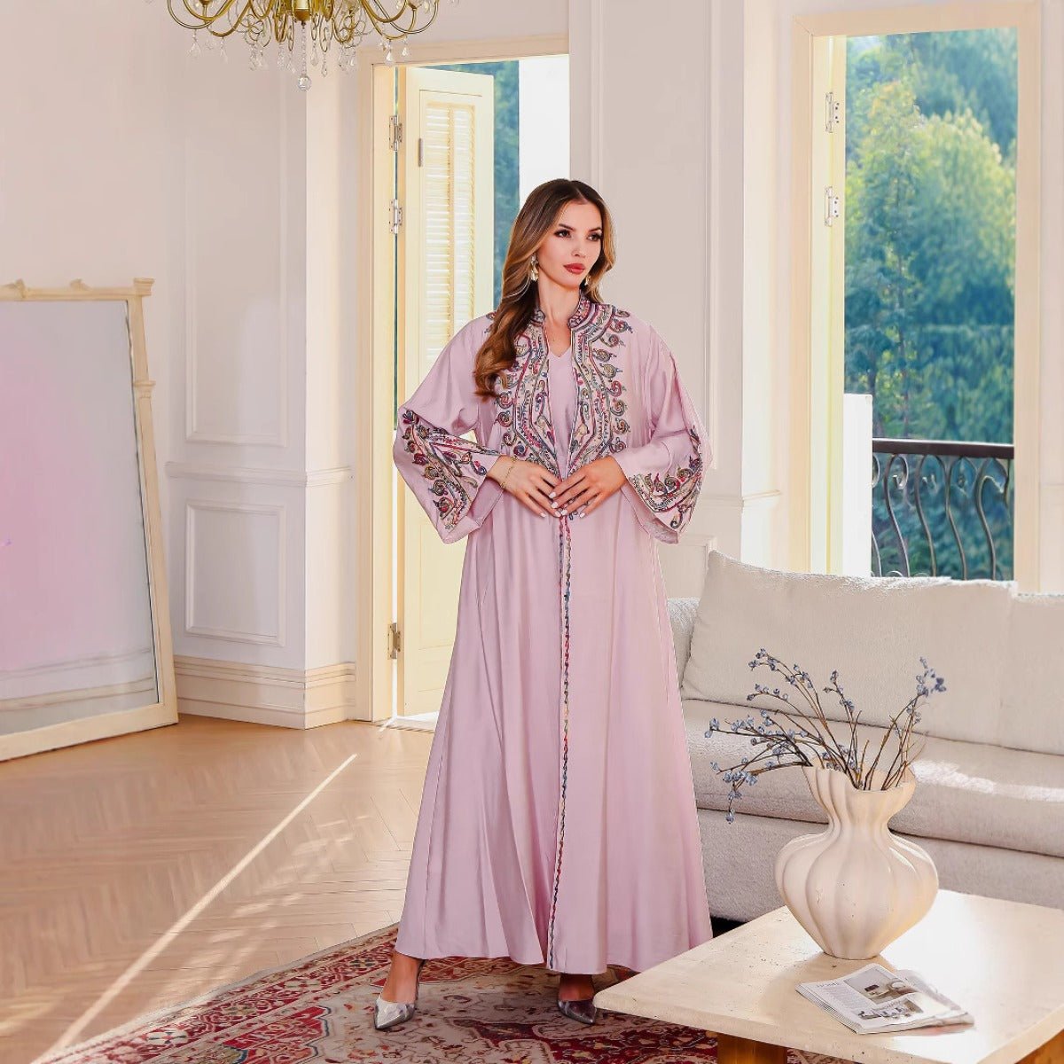 Embroidered Abaya Light Luxury Evening Dress - Modest Two - Piece Set with Geometric Embroidery & Bell Sleeve (MOA214) - Mariam's Collection