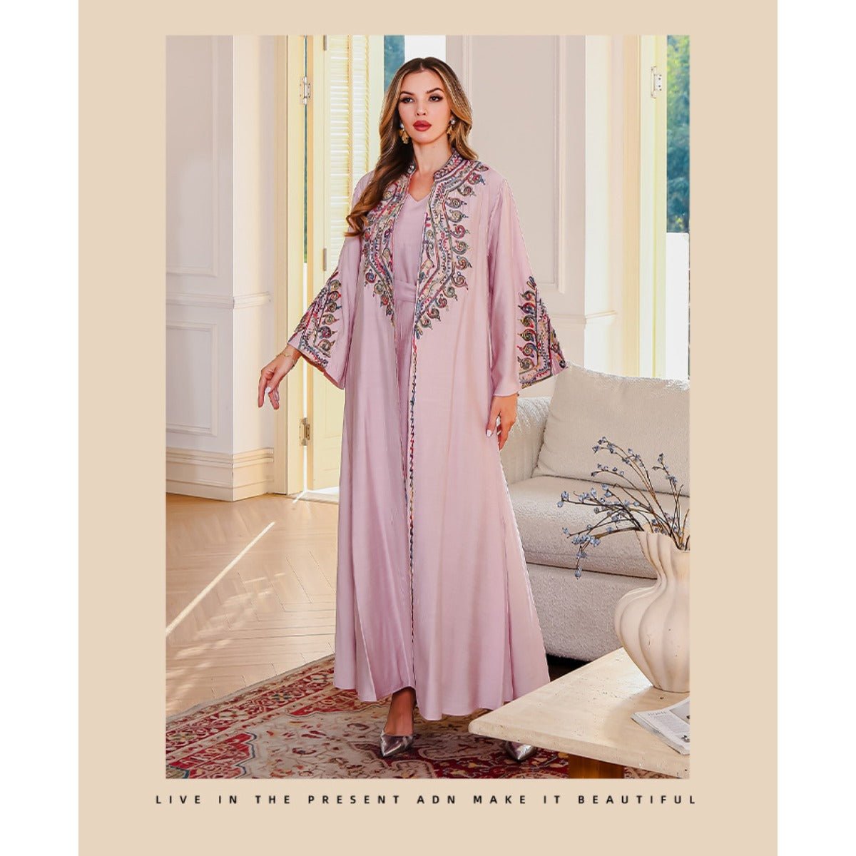 Embroidered Abaya Light Luxury Evening Dress - Modest Two - Piece Set with Geometric Embroidery & Bell Sleeve (MOA214) - Mariam's Collection