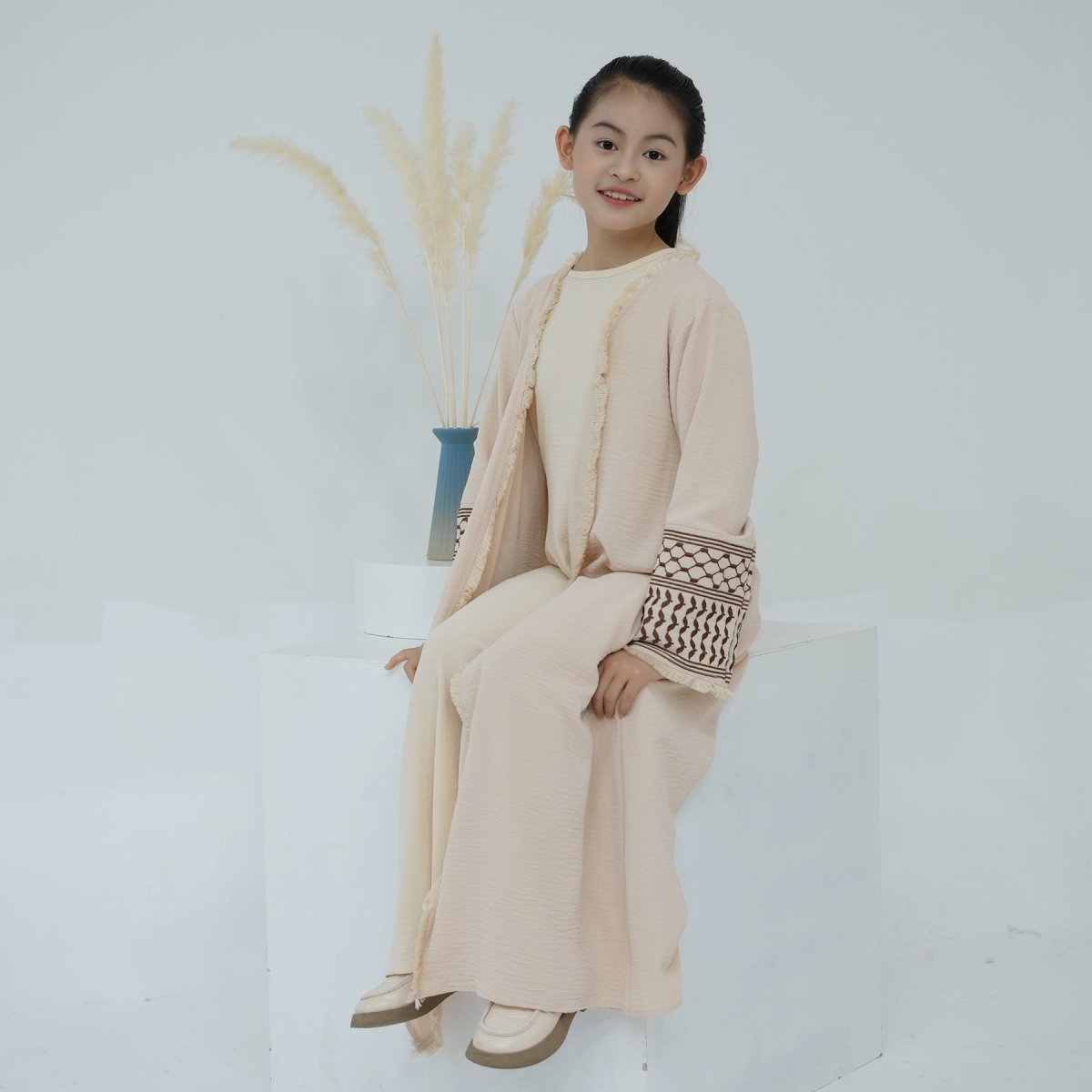 Embroidered Children's Abaya Set Pakistan Geometric Print Robe Abaya with Matching Belt. (MKG015) - Mariam's Collection