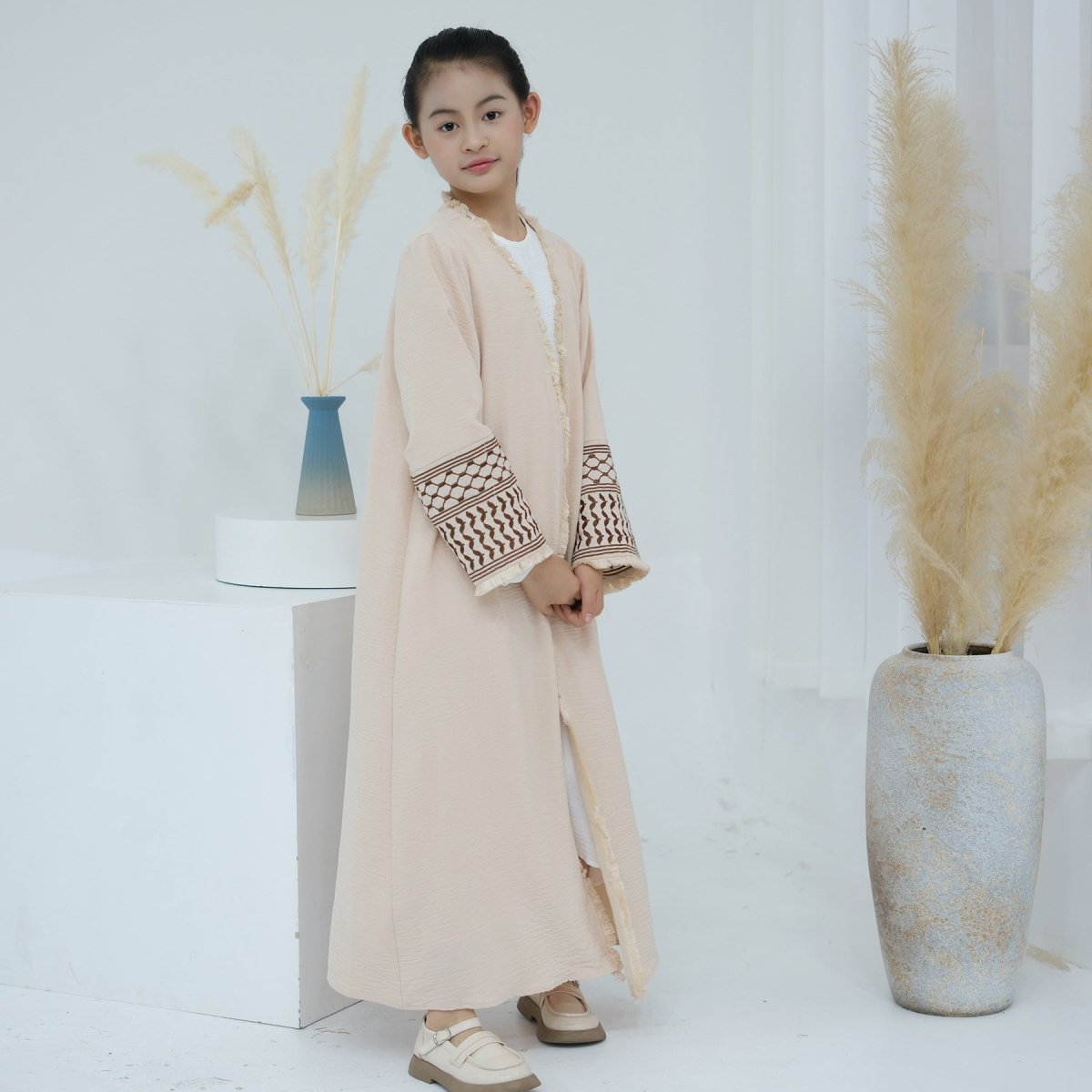 Embroidered Children's Abaya Set Pakistan Geometric Print Robe Abaya with Matching Belt. (MKG015) - Mariam's Collection