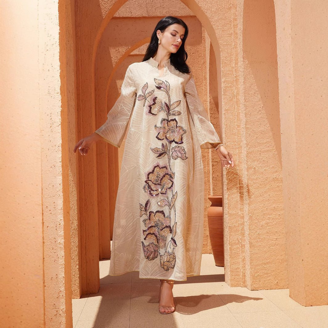 Embroidered Organza Abaya with Sequin Appliqués | Collared Floral Gown(MA373) - Mariam's Collection
