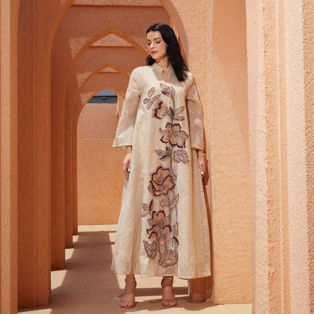 Embroidered Organza Abaya with Sequin Appliqués | Collared Floral Gown