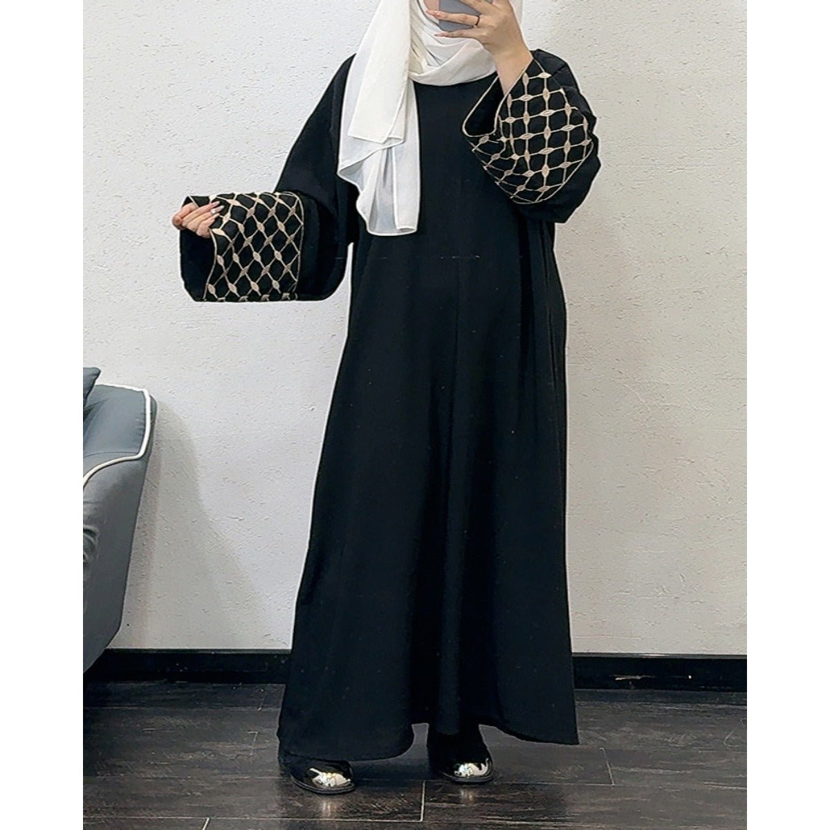 Embroidered Pattern Abaya Robe Dress - Modest Muslim Long Sleeve Maxi with Detachable Belt(MA272) - Mariam's Collection