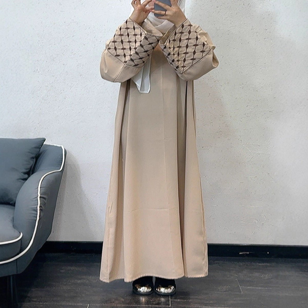 Embroidered Pattern Abaya Robe Dress - Modest Muslim Long Sleeve Maxi with Detachable Belt(MA272) - Mariam's Collection