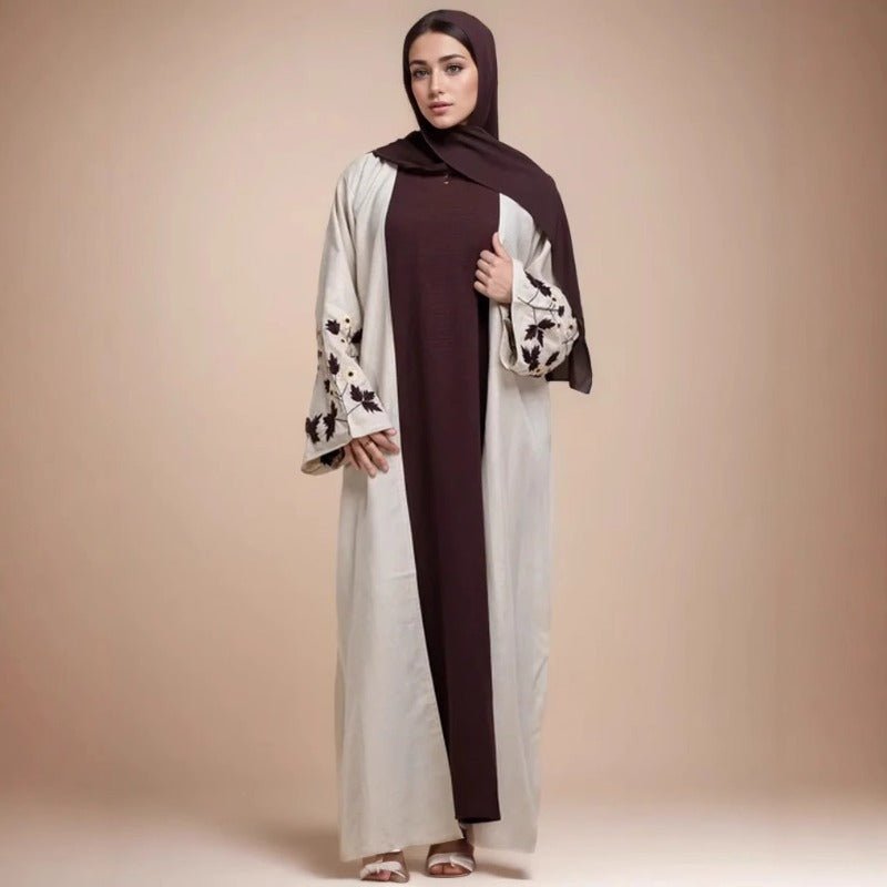 Embroidered Sleeve Abaya | Maple Leaf & Daisy Open-Front Cardigan