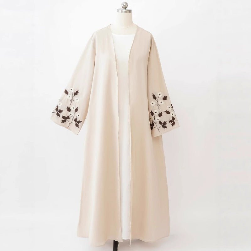 Embroidered Sleeve Abaya | Maple Leaf & Daisy Open-Front Cardigan