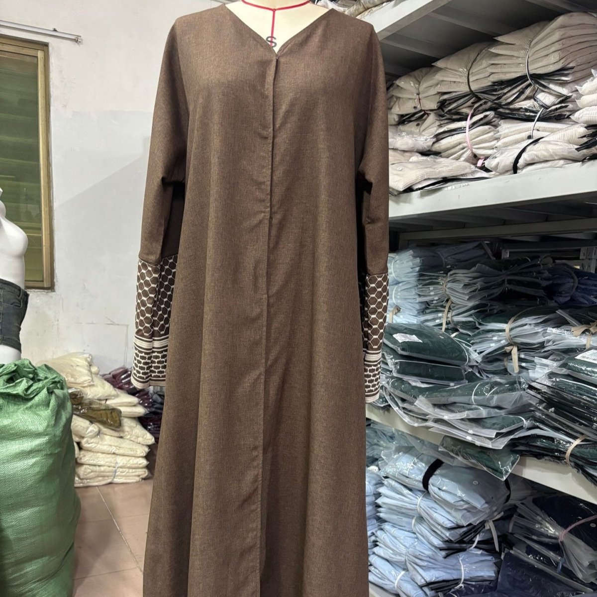 Embroidered Sleeve Abaya | Textured Open-Front Cardigan with Bell Sleeves (MOA263) - Mariam's Collection