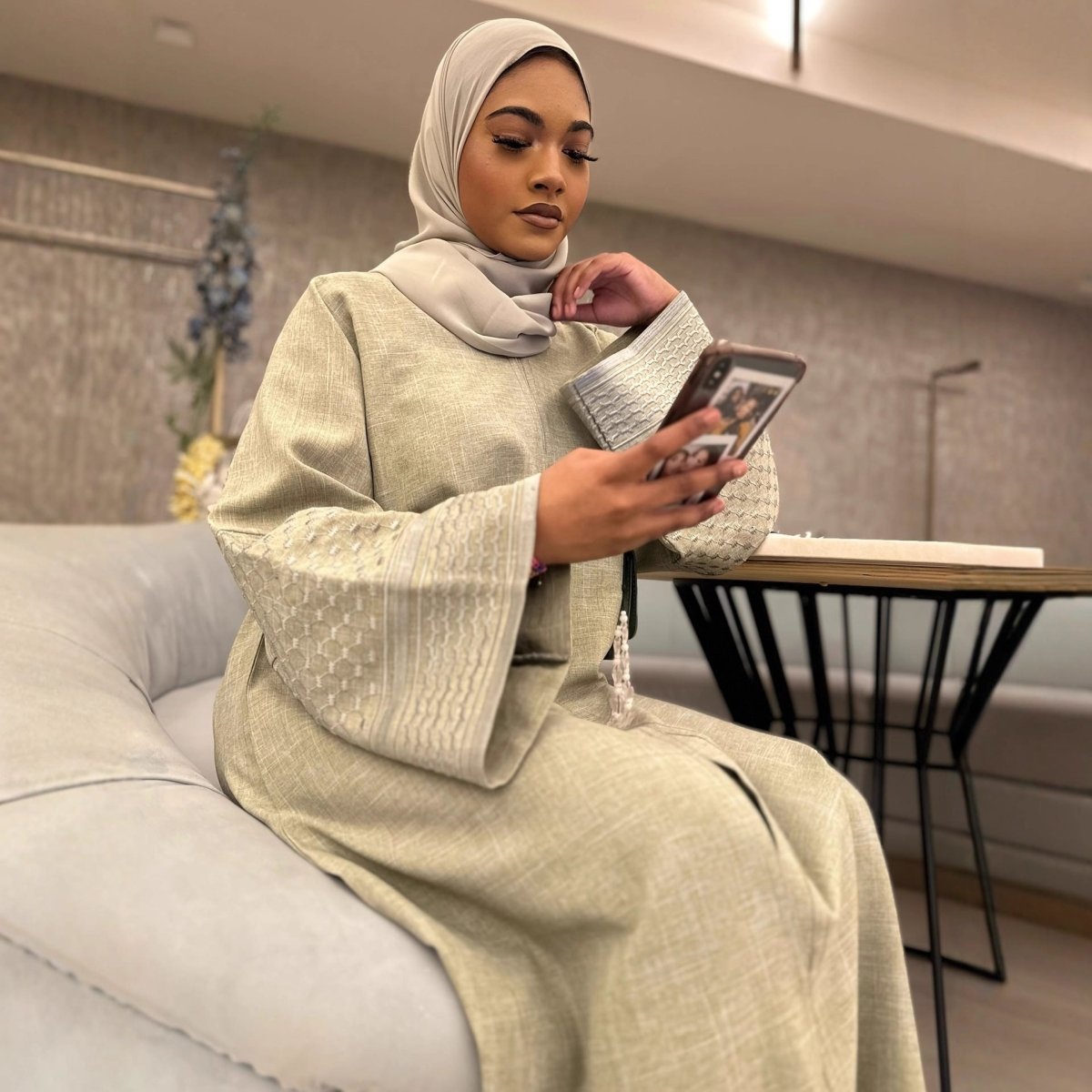 Embroidered Sleeve Abaya | Textured Open-Front Cardigan with Bell Sleeves