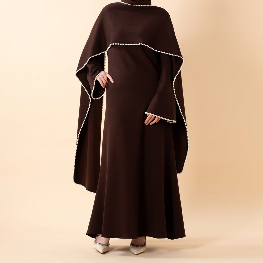 Elegant Pearl Embellished Cape Sleeve Evening Dress(MA337)