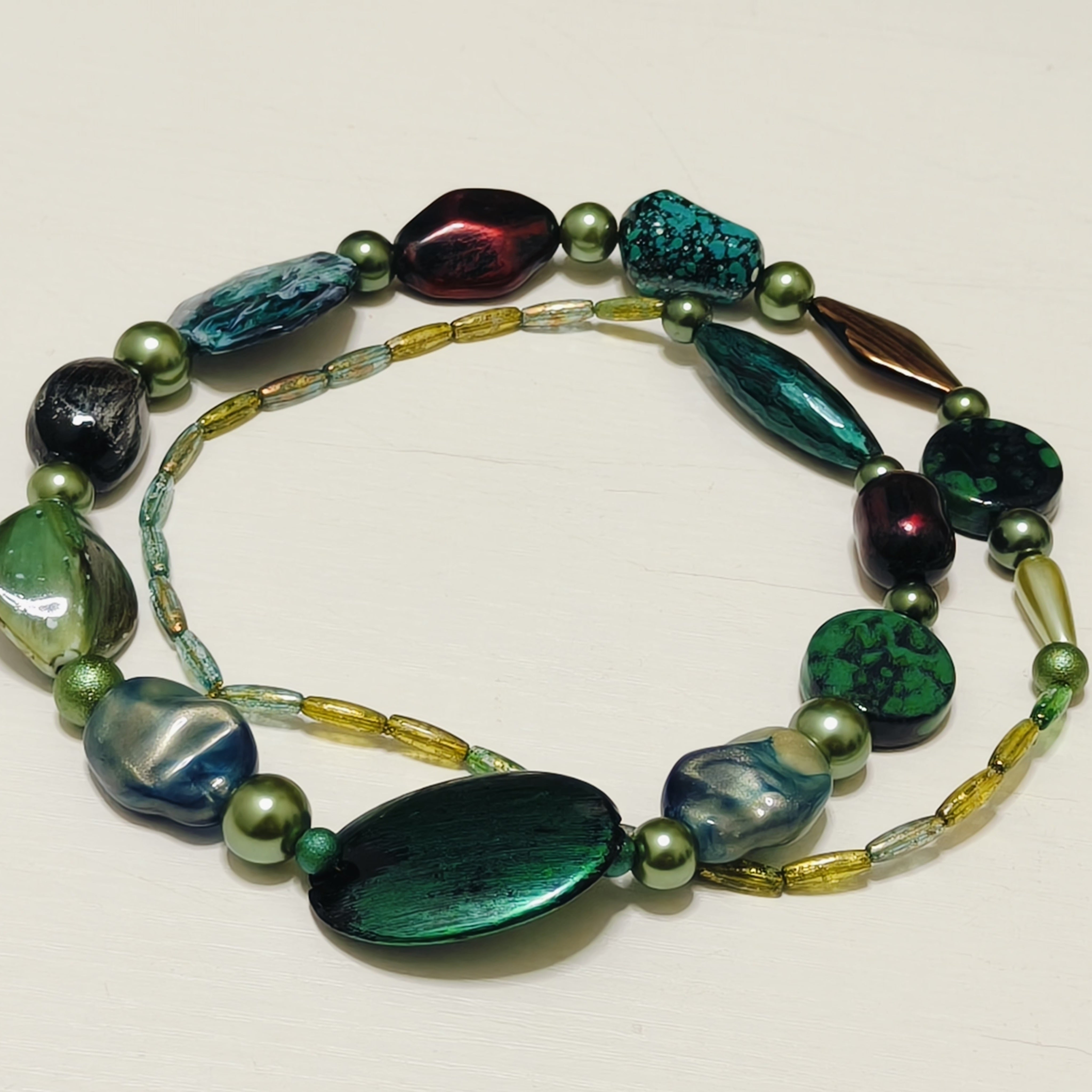 Handmade Resin & Shell Bead Necklace | Artistic Beaded Statement Necklace | Long Lightweight Boho Jewelry for Women (MAC346)