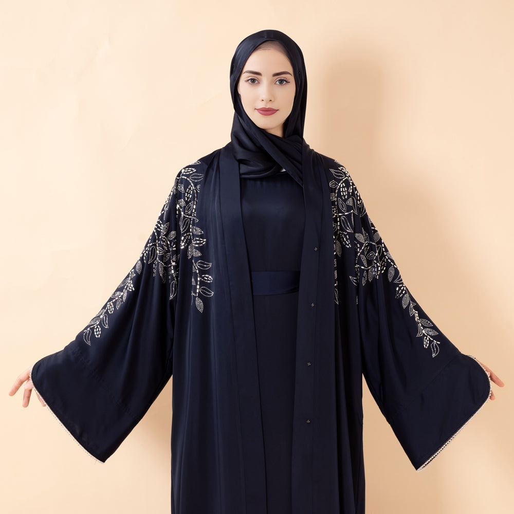 Leaf Embellishment Satin 3-Piece Abaya Set for Eid (MOA244)