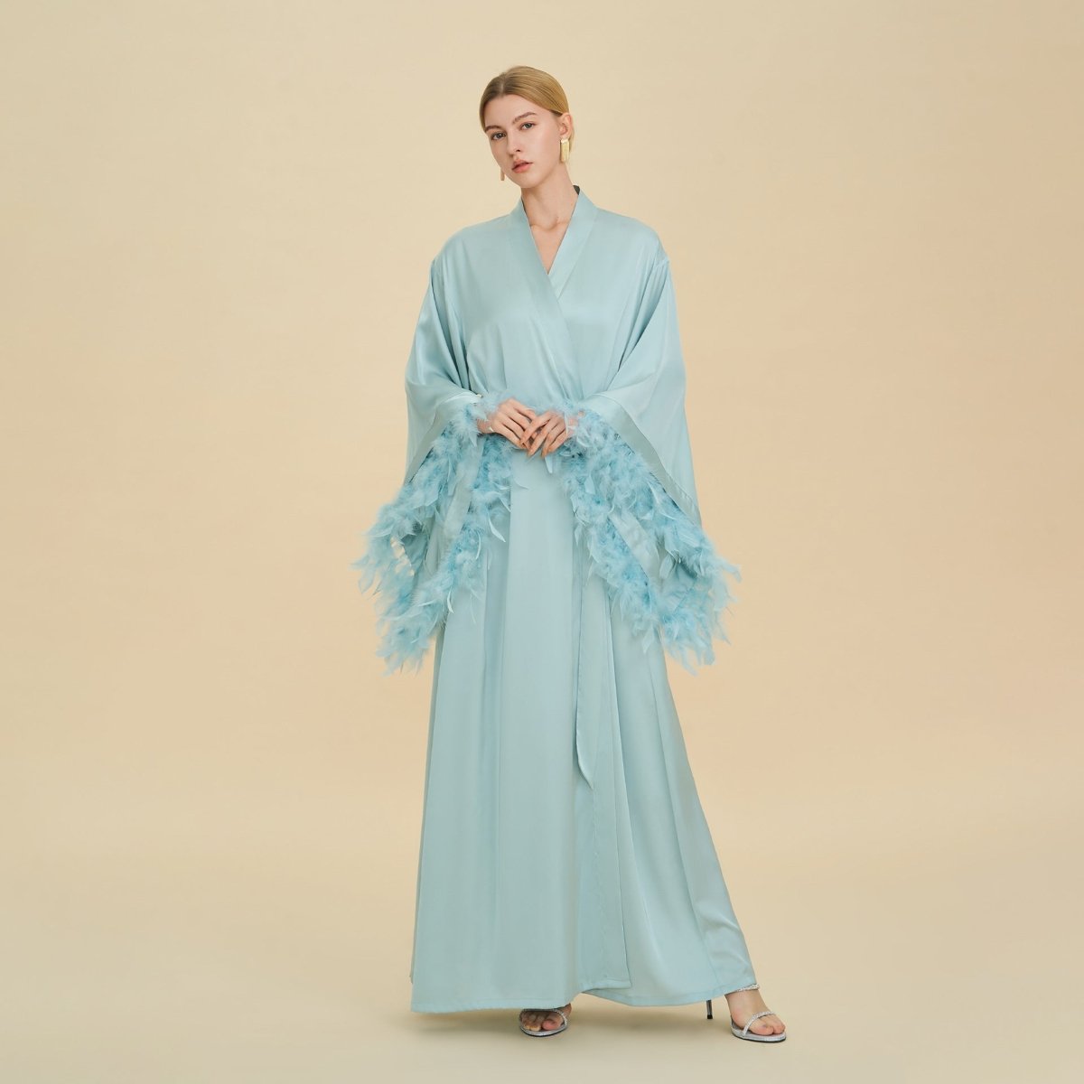 Feather - Trimmed Kimono Robe Abaya(MOA293) - Mariam's Collection