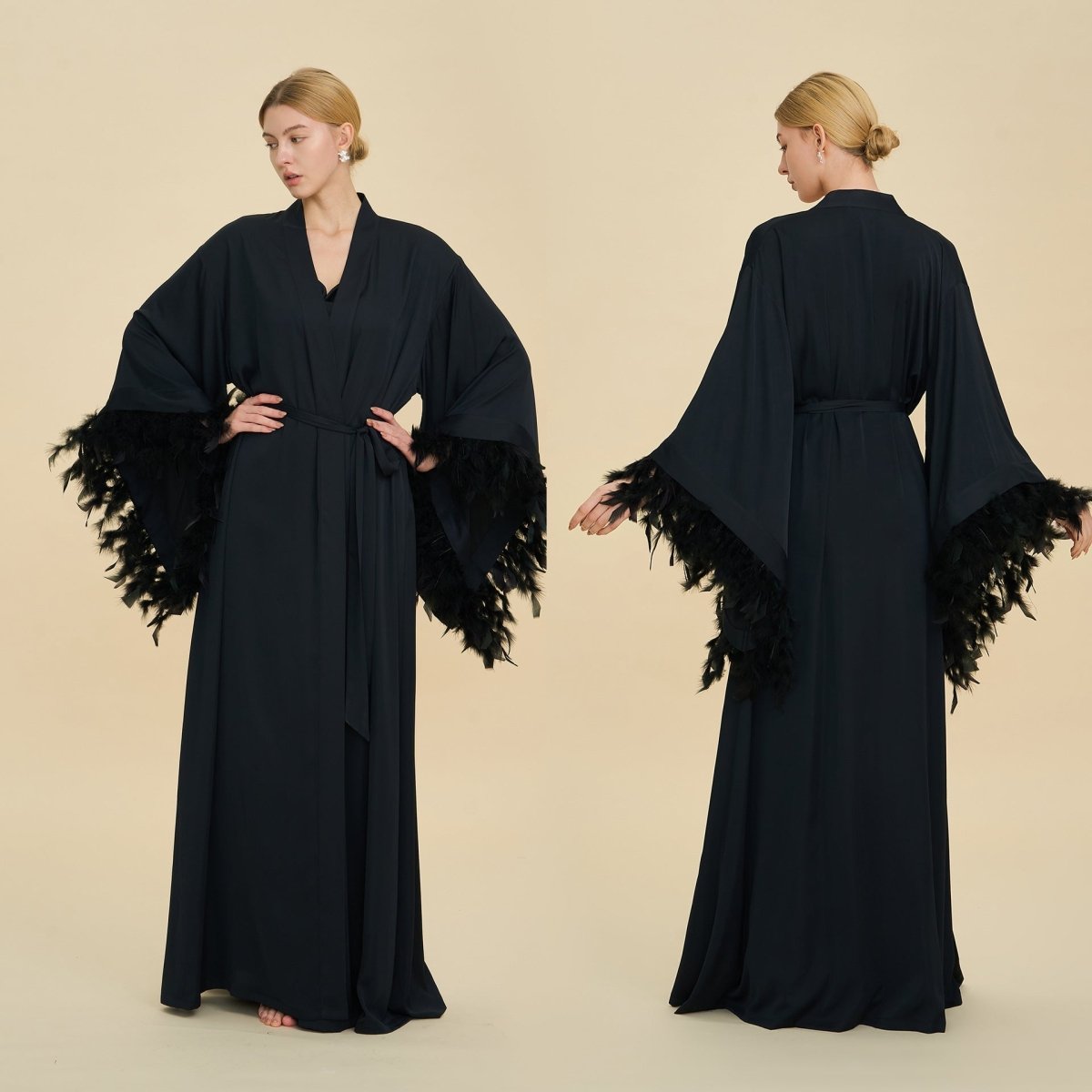 Feather - Trimmed Kimono Robe Abaya(MOA293) - Mariam's Collection