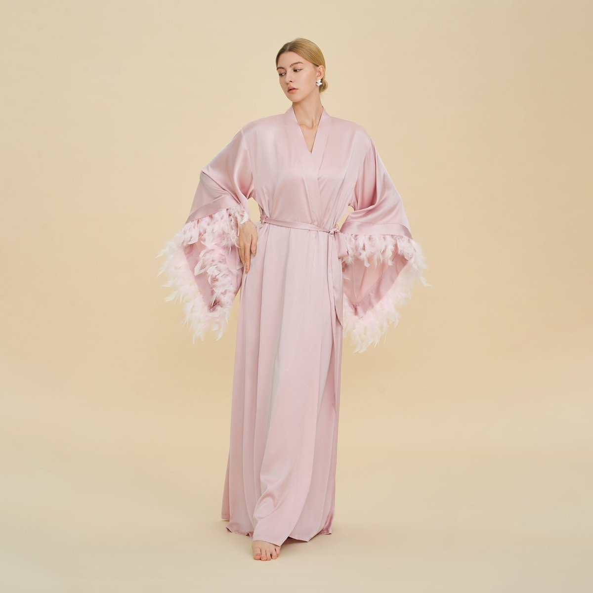 Feather-Trimmed Kimono Robe Abaya(MOA293), Lotus / Free Size