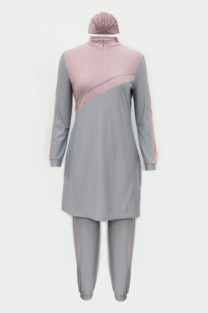 Female Muslim Swimsuit, Islamic Dignified Swimsuit 3 Pieces Set, Gray And Pink Patchwork Full Set, Headscarf, Long Sleeved Burkini Dress+Pants. (MB016) - Mariam's Collection