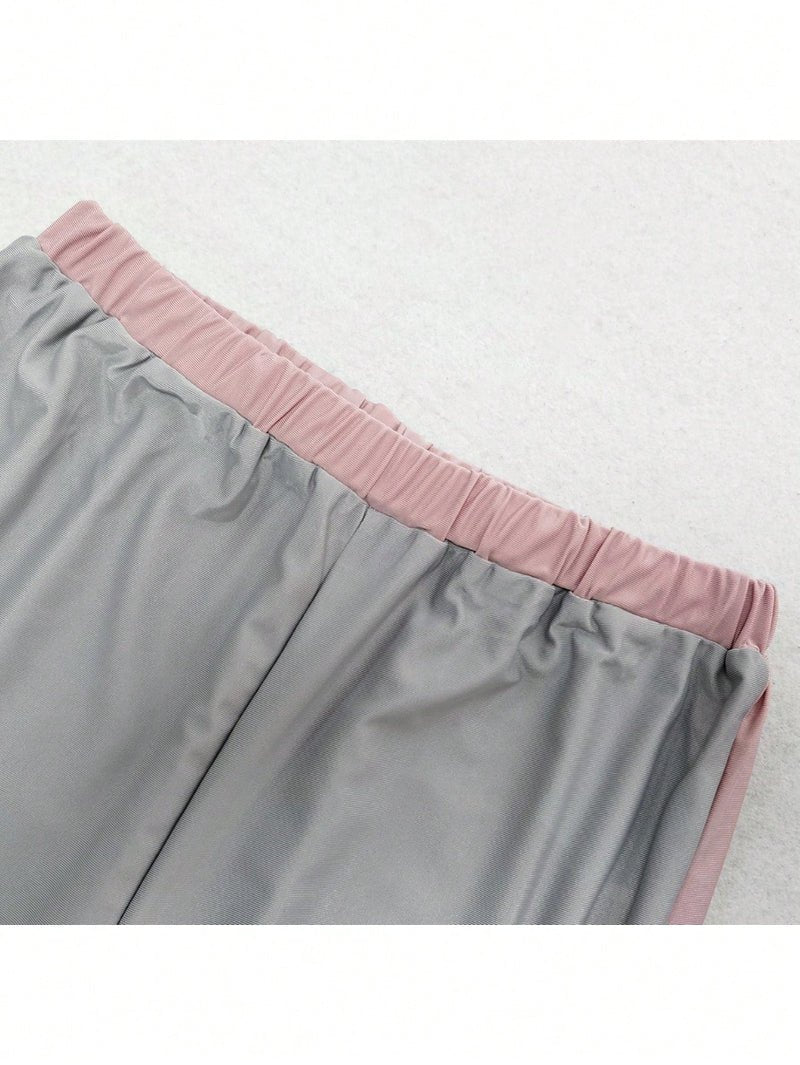 Female Muslim Swimsuit, Islamic Dignified Swimsuit 3 Pieces Set, Gray And Pink Patchwork Full Set, Headscarf, Long Sleeved Burkini Dress+Pants. (MB016) - Mariam's Collection