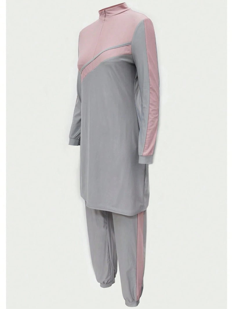 Female Muslim Swimsuit, Islamic Dignified Swimsuit 3 Pieces Set, Gray And Pink Patchwork Full Set, Headscarf, Long Sleeved Burkini Dress+Pants. (MB016) - Mariam's Collection