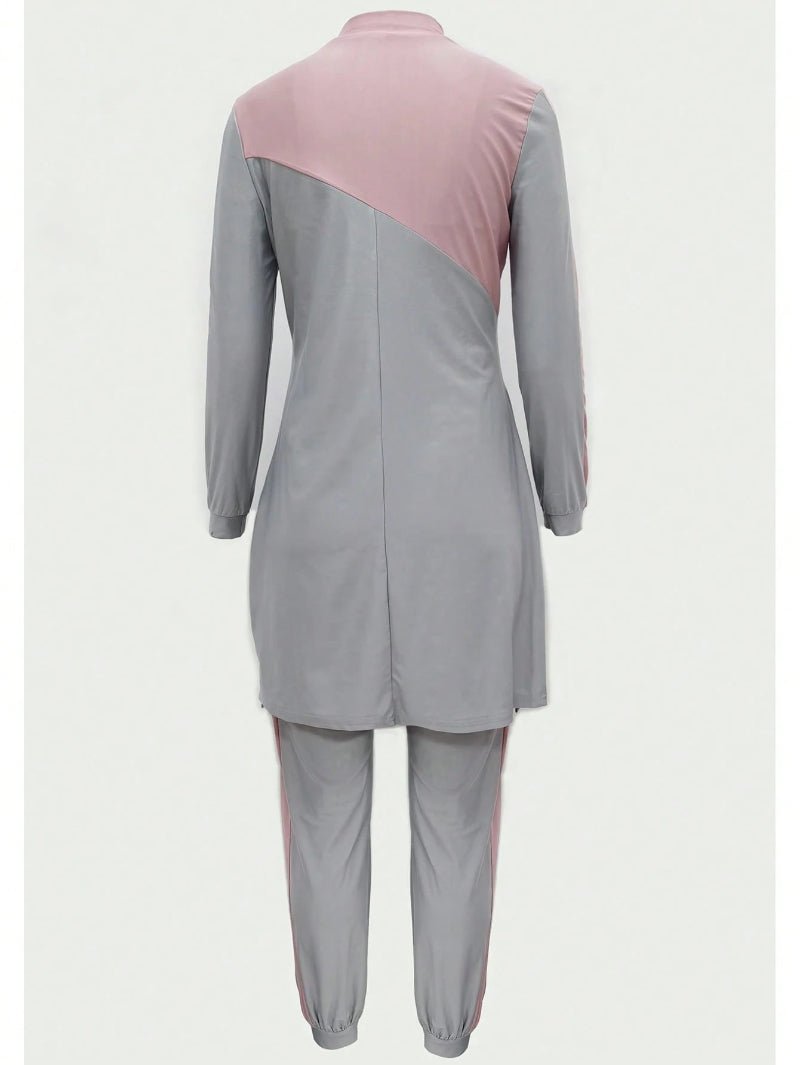 Female Muslim Swimsuit, Islamic Dignified Swimsuit 3 Pieces Set, Gray And Pink Patchwork Full Set, Headscarf, Long Sleeved Burkini Dress+Pants. (MB016) - Mariam's Collection