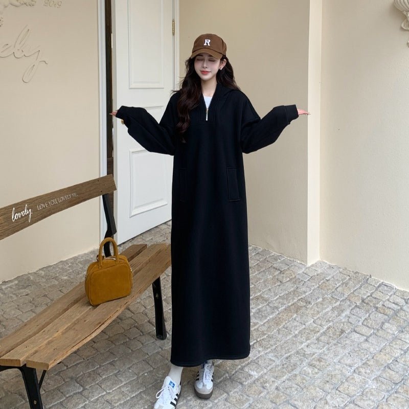 Fleece-Lined Hooded Maxi Sweatshirt Dress | Thick Winter Loungewear Dress(MS181), Black / XXL Fleece-Lined Hooded Maxi Sweatshirt Dress | Thick Winter Loungewear Dress(MS181), Black / XXL