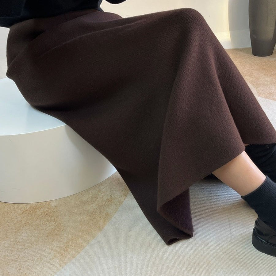 Fleece - Lined Knit Midi Skirt with Side Slit(MS207) - Mariam's Collection