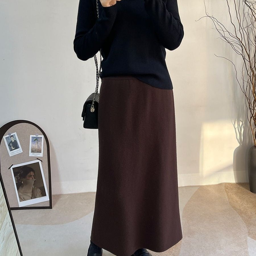 Fleece - Lined Knit Midi Skirt with Side Slit(MS207) - Mariam's Collection