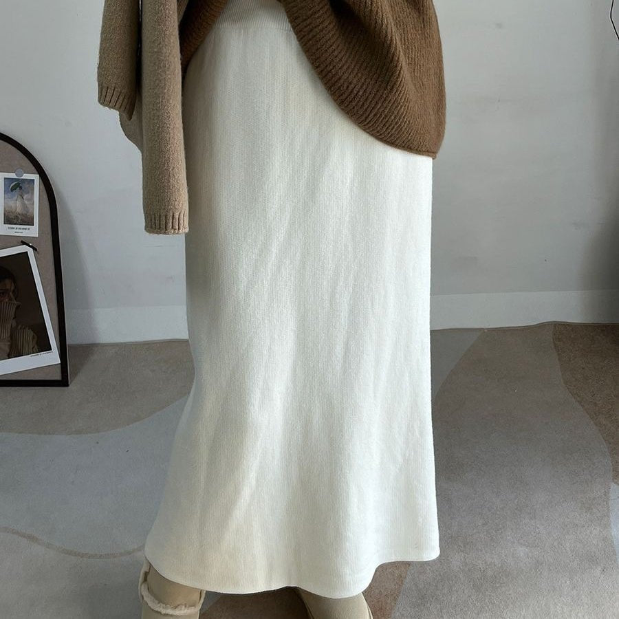 Fleece - Lined Knit Midi Skirt with Side Slit(MS207) - Mariam's Collection