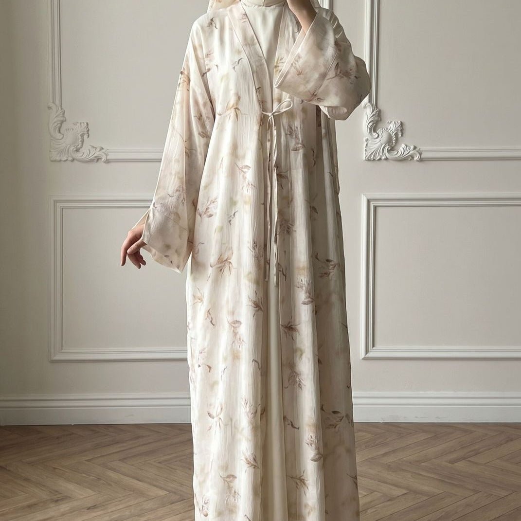 Floral Bird Print Satin Open Abaya(MOA322) - Mariam's Collection