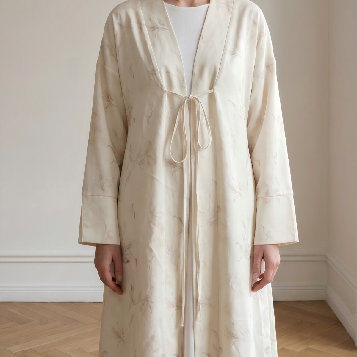 Floral Bird Print Satin Open Abaya(MOA322) - Mariam's Collection